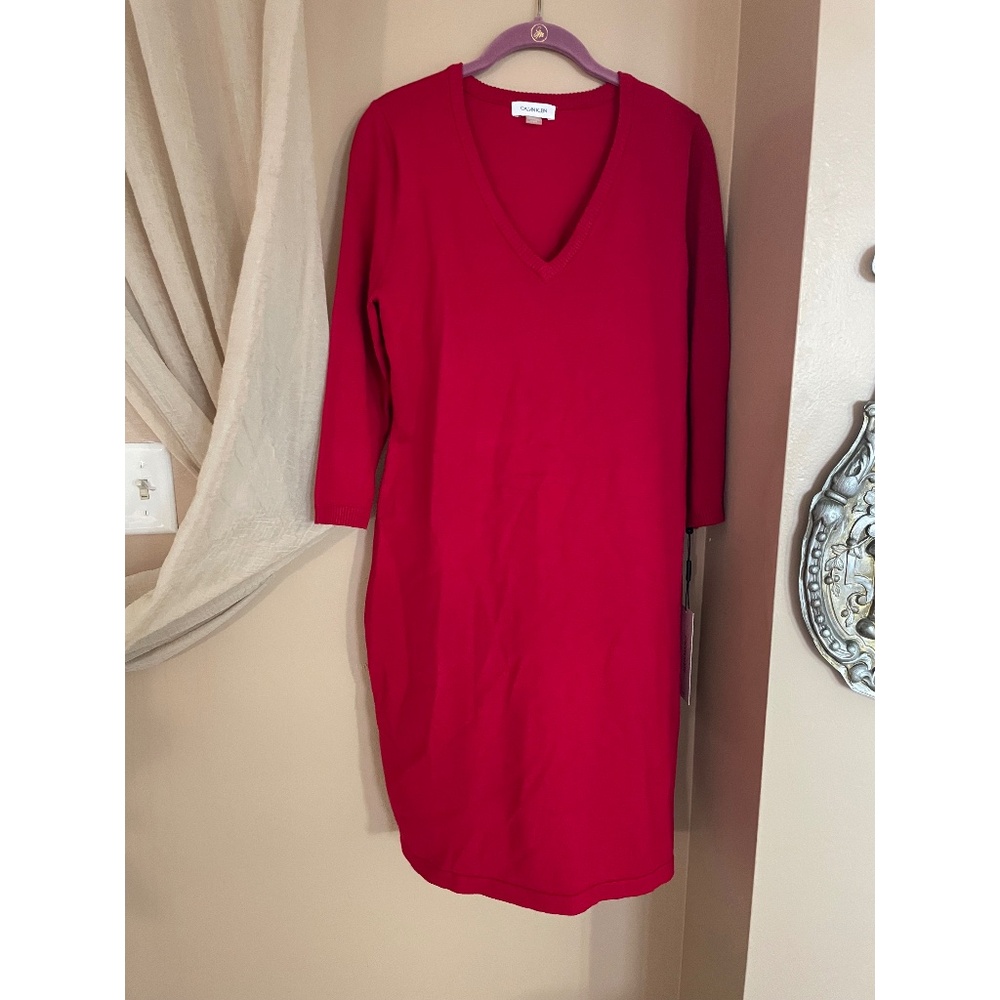 Calvin Klein Red V-Neck Sweater Mini Dress Solid Long Sleeve Shift L NWT